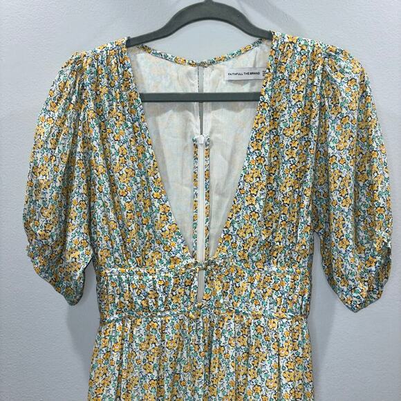 Faithfull the Brand Floral Midi Dress Sz. Small | Puff Sleeve Tie Front Feminine - Picture 11 of 15